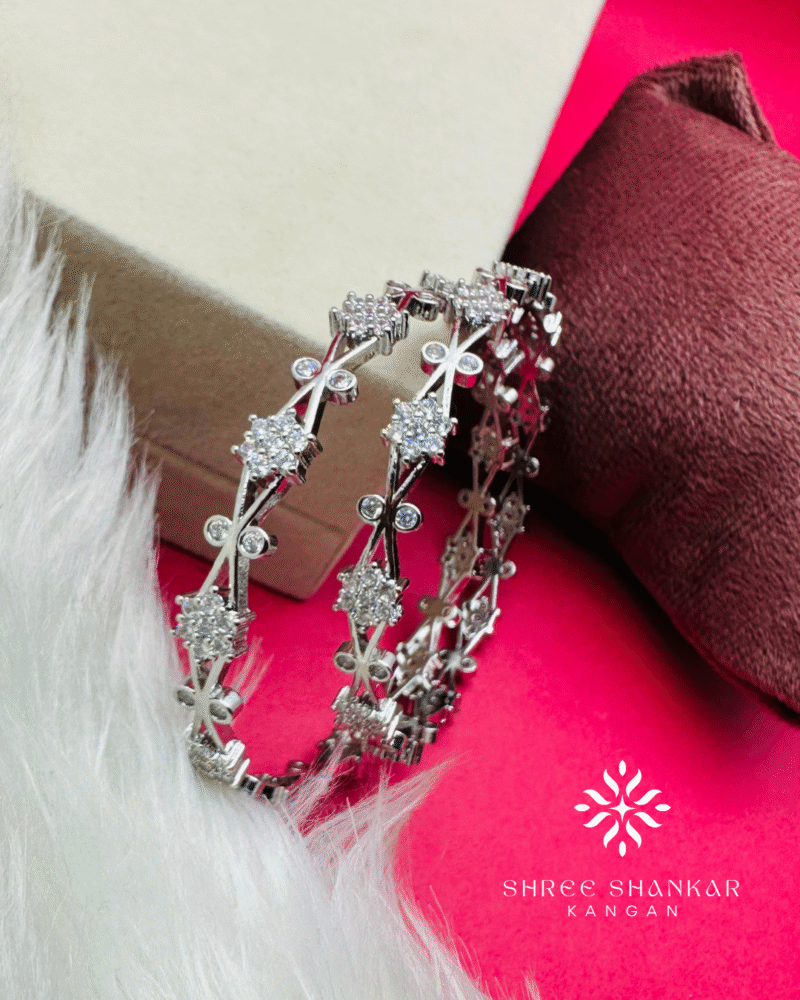 Floral & Diamond Silver Bangles