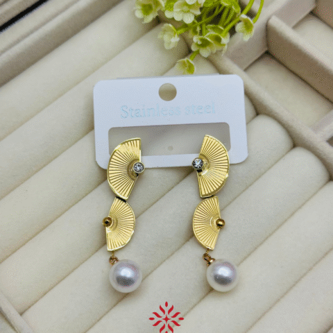 Golden Fan Pearl Drop Earrings