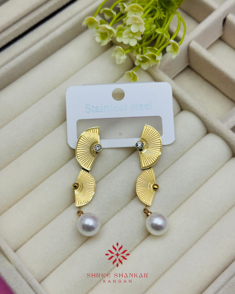 Golden Fan Pearl Drop Earrings